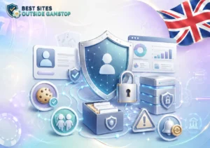 US sweepstakes privacy policy illustration with data protection shield encrypted profiles & secure analytics